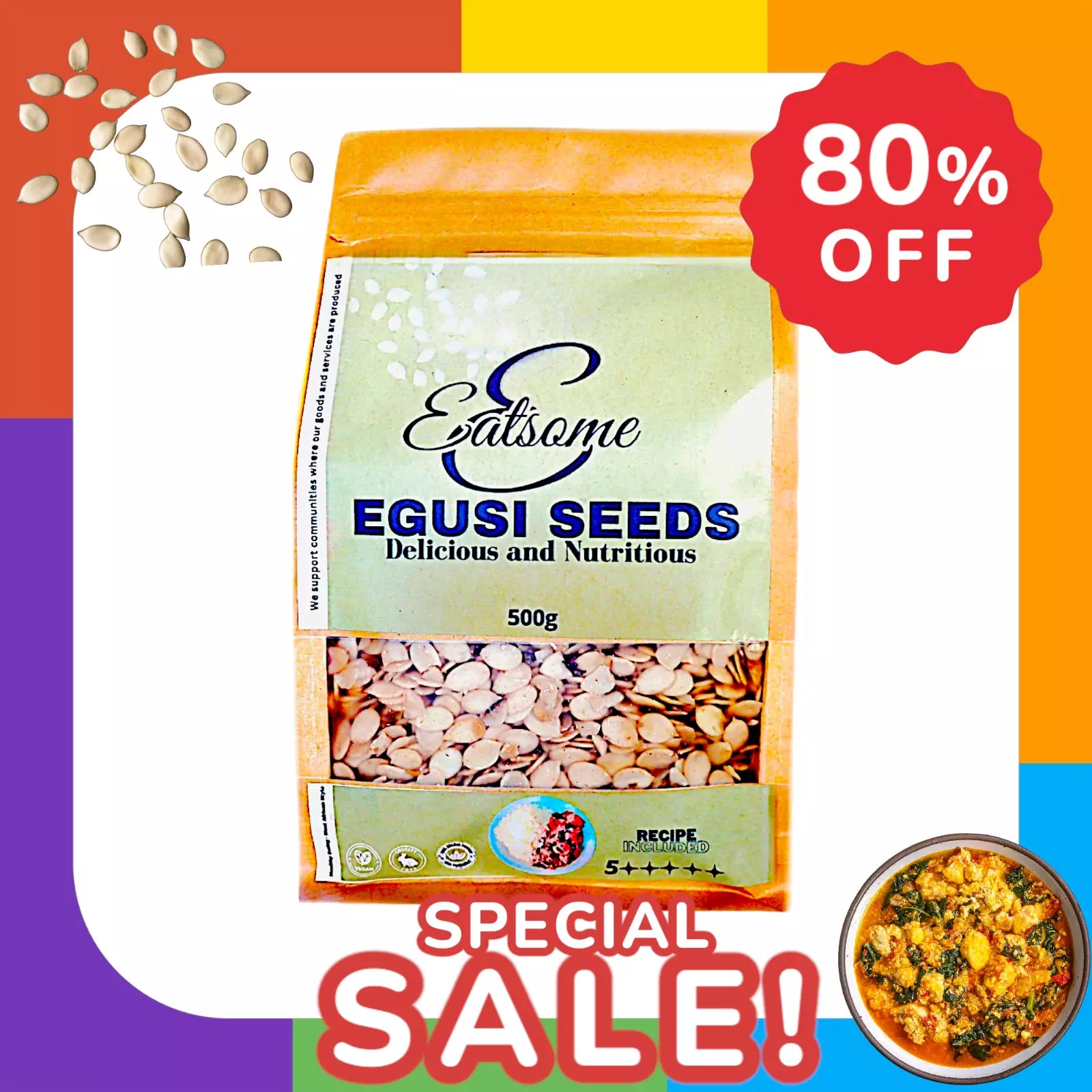 Eatsome Egusi Seeds 500g – Authentic Hand-Peeled Whole Melon Seeds from West Africa – High Protein, Perfect for Egusi Soup & African Stews